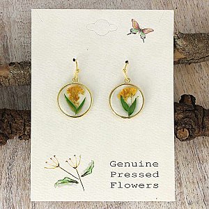 Cottage Yellow Green Dried Flower Round Earrings