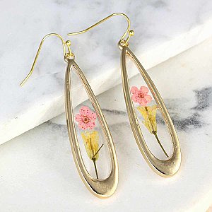 Pink Dried Flower Long Teardrop Gold Earrings