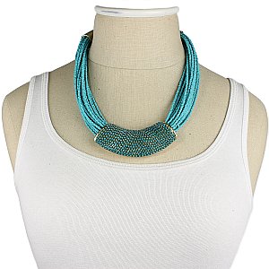Turquoise Bead & Curved Crystal Bar Necklace