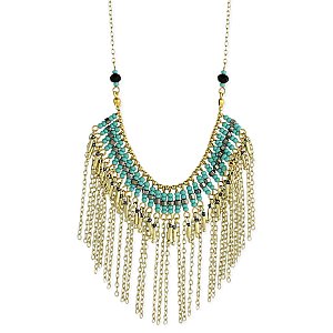 Gold & Turquoise Bead Fringe Long Necklace