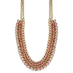 Gold, Pink Bead & Crystal Necklace