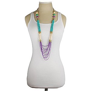 Turquoise, Cream & Purple Bead Long Necklace