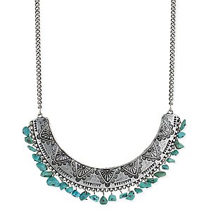 Silver Embossed Bib Turquoise Chip Necklace