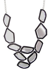Linked Geometric Mirrored Black Leather Bib Necklace