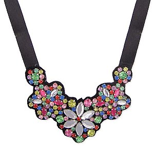Multi Crystal Covered Fabric & Ribbon Statement Necklace