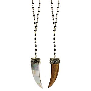 Black Bead Reversible Wood & Shell Horn Necklace