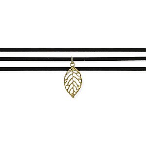 Black Suede 3 Line Gold Leaf Choker Necklace