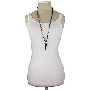 Teal Stone Bead Tooth Pendant Long Necklace