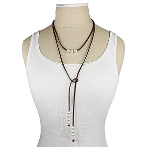 Brown Suede & Faux Pearl Lariat Necklace