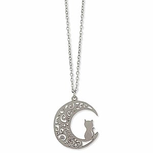 Midnight Prowler Cat Moon Silver Necklace