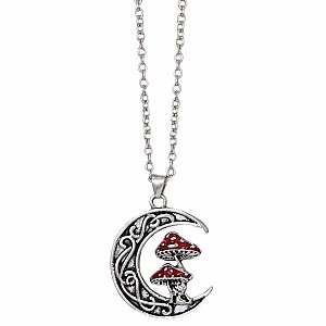 Mystic Mushroom Crescent Moon Silver Necklace