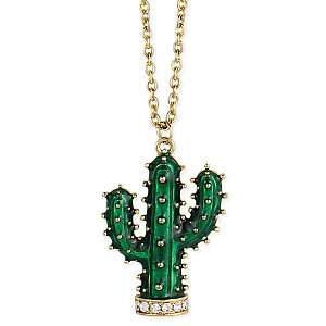 Gold Enamel Cactus Pendant Necklace
