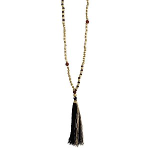 Gold & Wood Bead Long Tassel Necklace
