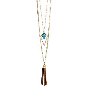 Suede Tassel & Turquoise Triangle Gold Layer Necklace