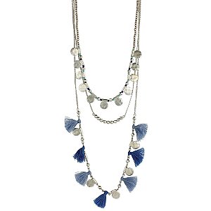 Silver Disk Blue Tassel Layer Necklace