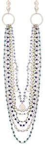 Long Silver Metal Multi Line Blue Glass Bead Necklace