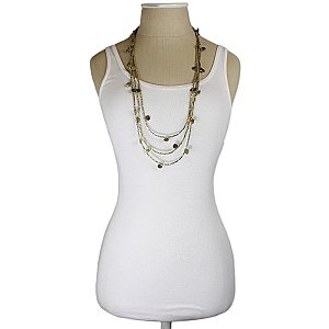 Gold 3 Line Bead & Disk Long Necklace
