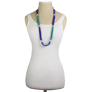 Blue & Silver Color Block Beaded Long Necklace