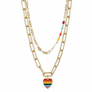 Retro Style Rainbow Heart Gold Layer Necklace