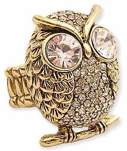 Gold Metal Rhinestone Owl Stretch Ring