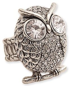 Silver Metal Rhinestone Owl Stretch Ring