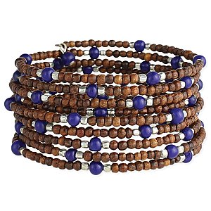 9 Line Dark Wood & Blue Bead Coil Bracelet