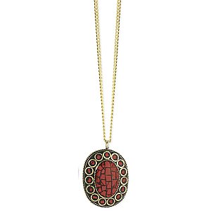 Red Stone Oval Pendant Long Necklace