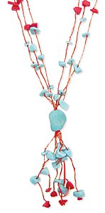 24" 3 Line Thread Turquoise/Red Bead Tassel Necklace