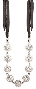 18" Silver Metal Texture Ball Black Ribbon Necklace