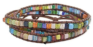 26" Brown Leather & Multi Square Mosaic Bead Wrap Bracelet